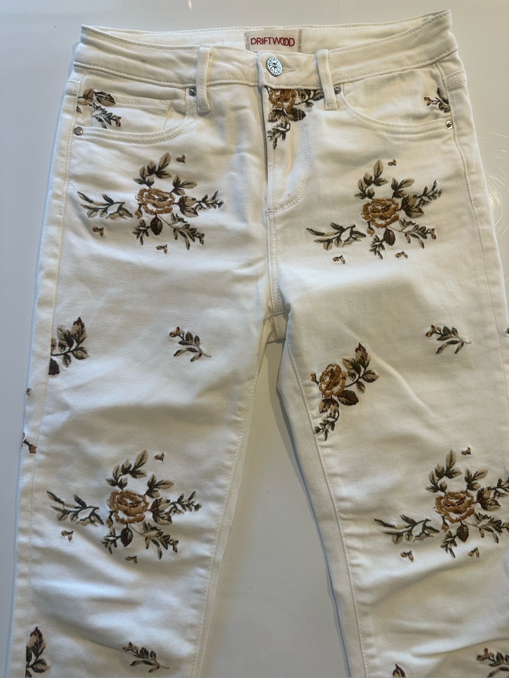 DRIFTWOOD Jackie High Rise Brown Floral Embroidered Boho Sz 25 White Women Jeans